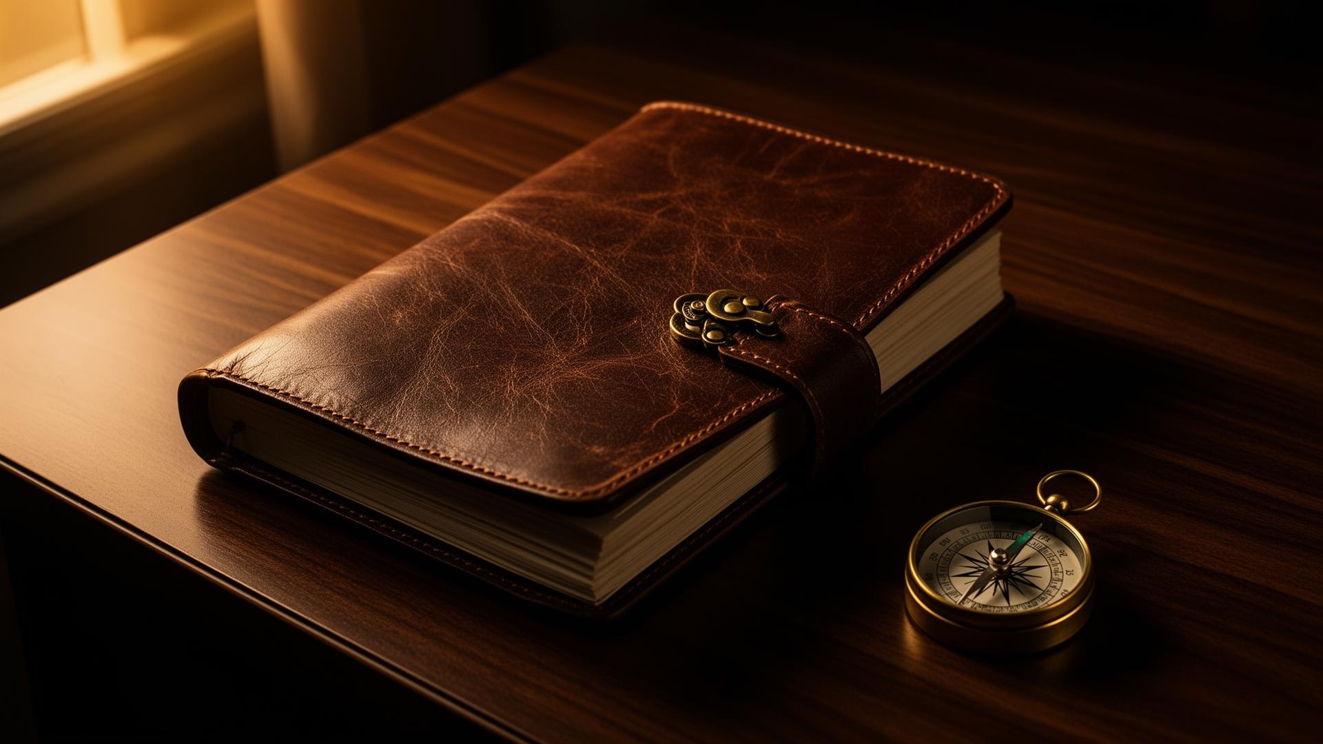 Brass compass and leather journal in warm window light on walnut wood